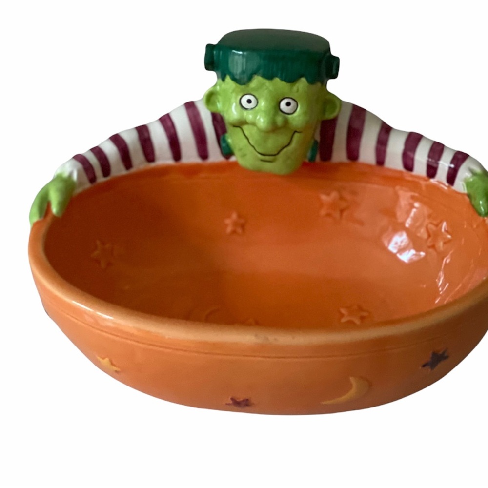 Halloween Goblin Monster Frankenstein Candy Ceramic Dish Decor Bowl Orange Green